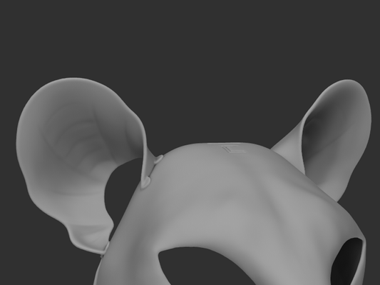 Gray 3D model of an opossum head with ears on a dark background