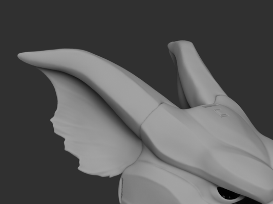3D rendered image of a pair of swift beaked wyvern or dragon TPU ears for fursuit, cosplay or mask, showing the shape and fit on fursuit base.