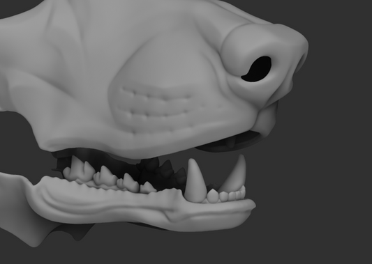 Gray 3D model of a poodle's head with open mouth showing teeth on a dark background