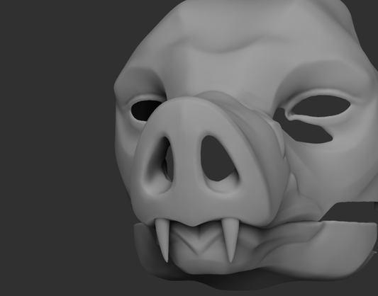 Gray 3D model of a bat's head with a prominent snout and sharp teeth on a dark background.