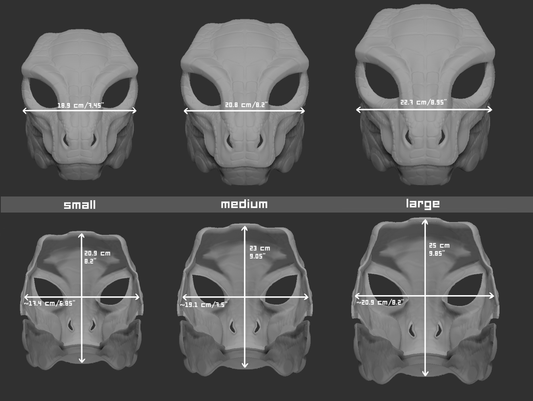 Size chart for an Argonian mask or fursuit base with measurements labeled for small, medium, and large sizes on a dark background.
