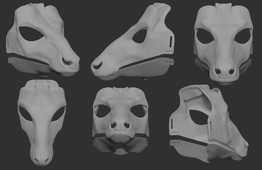 A collection of 3D rendered, light grey images showing different angles of a bongo antelope head base designed for fursuits, displaying the front, side, and back views against a dark grey background.