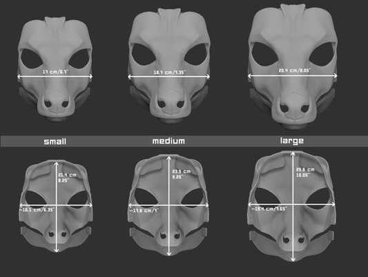 Size chart for a bongo antelope mask or fursuit base featuring three 3D light grey renderings with measurements labeled for small, medium, and large sizes on a dark grey background.