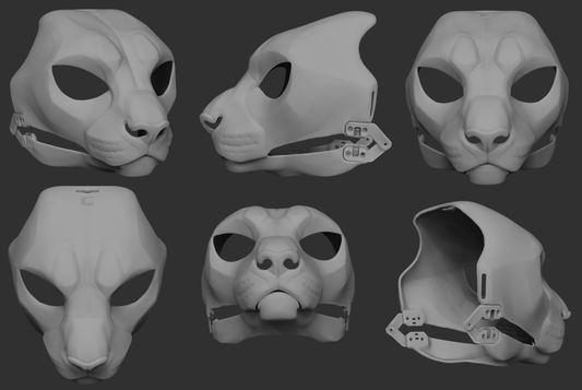 A collection of 3D rendered, light grey images showing different angles of a cheetah head base designed for fursuits, displaying the front, side, and back views against a dark grey background.