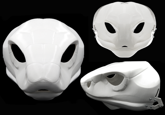 Photo collage showing a white, plastic 3D printed cobra snake fursuit head base complete with metal hardware featuring a front, side, and back view against a black background.