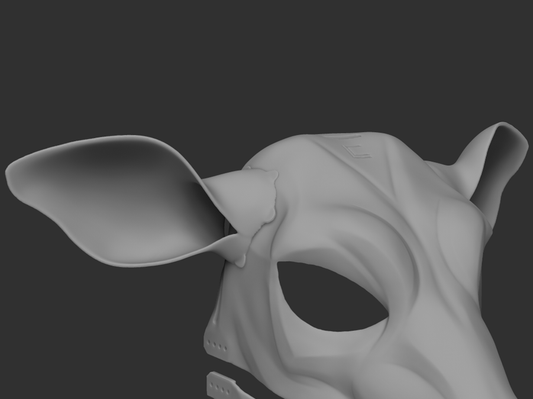 3D rendered image of a pair of cow TPU ears for fursuit or mask, showing the shape and fit on fursuit base.