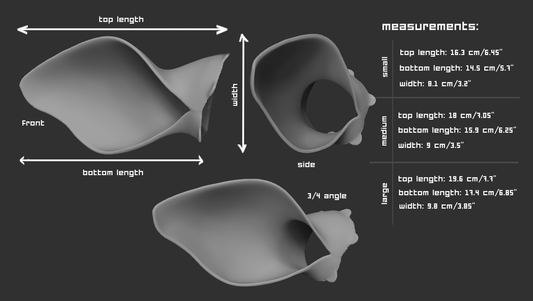 Size chart for cow ear accessory for a mask or fursuit with measurements labeled for small, medium, and large sizes on a dark background.