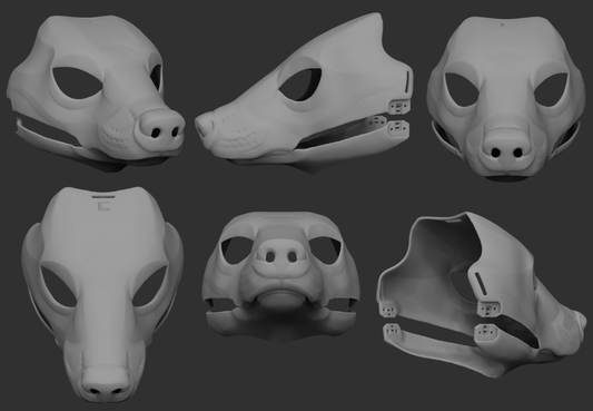 A collection of 3D rendered, light grey images showing different angles of a badger head base designed for fursuits, displaying the front, side, and back views against a dark grey background.