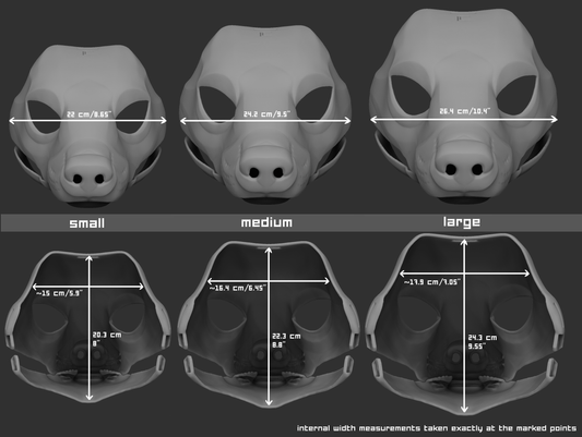 Size chart for a badger mask or fursuit base featuring three 3D light grey renderings with measurements labeled for small, medium, and large sizes on a dark grey background.