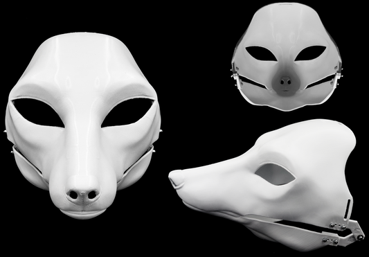 Photo collage showing a white, plastic 3D printed fox fursuit head base complete with metal hardware featuring a front, side, and back view against a black background.