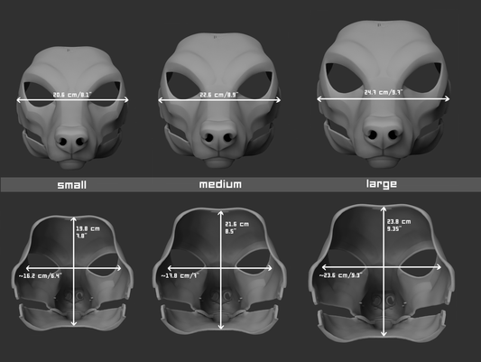 Size chart for a generic canine mask or fursuit base featuring three 3D light grey renderings with measurements labeled for small, medium, and large sizes on a dark grey background.