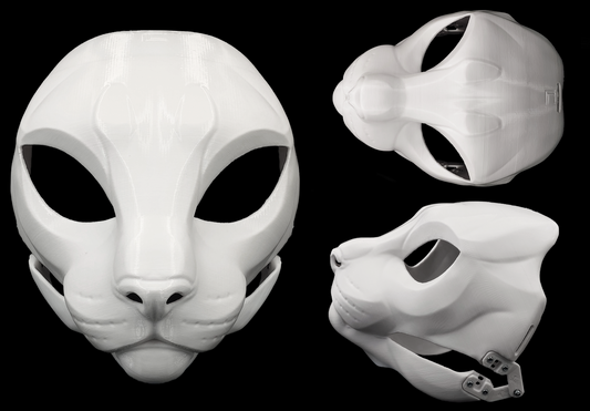 Photo collage showing a white, plastic 3D printed house cat fursuit head base complete with metal hardware featuring a front, side, and top view against a black background.