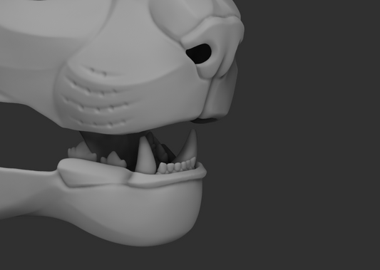 A 3D rendering of a Khajiit fursuit jawset with detailed teeth in a light grey color, showcasing fit in a fursuit base and shown against a dark grey background.