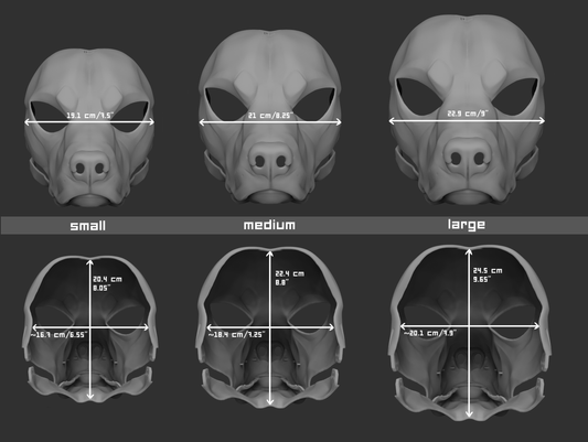 Size chart for a labrador retriever dog mask with measurements labeled for small, medium, and large sizes on a dark background.