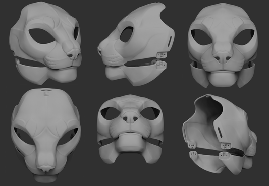 A collection of 3D rendered, light grey images showing different angles of a masculine Khajiit head base designed for fursuits and cosplays, displaying the front, side, and back views against a dark grey background.
