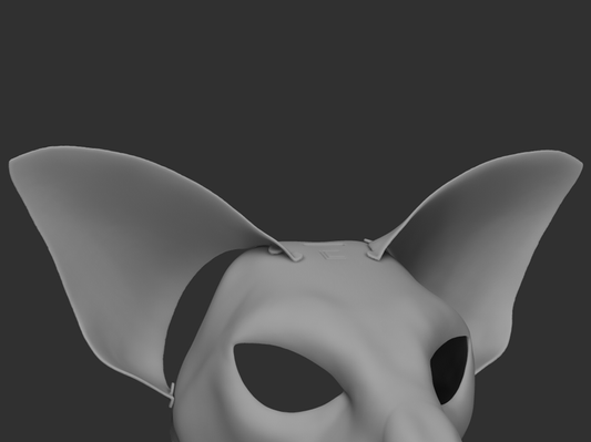 Gray 3D model of an oriental cat head with ears on a dark background