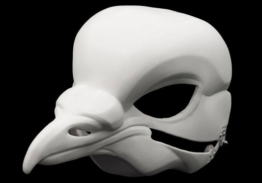 Photo showing a white, plastic 3D printed pigeon fursuit head base complete with metal hardware at a 3/4 angle against a black background.