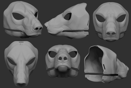 Gray 3D models of a polar bear mask or fursuit base from different angles on a dark background.