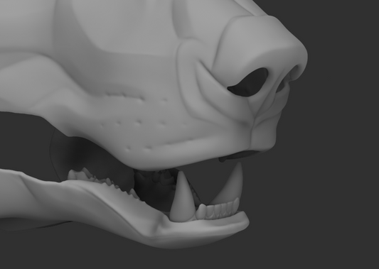Gray 3D model of a polar bear's head with open mouth showing teeth on a dark background.