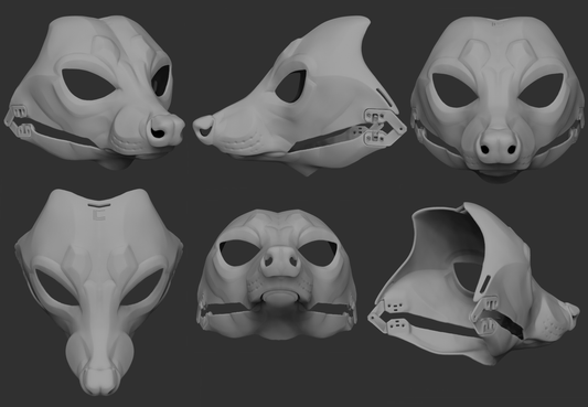 Gray 3D models of a raccoon mask or fursuit base from different angles on a dark background.