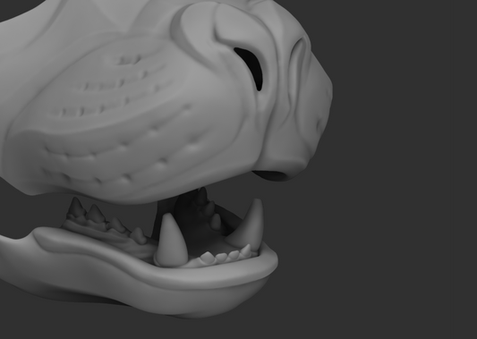A 3D rendering of a sea lion fursuit jawset with detailed teeth in a light grey color, showcasing fit in a fursuit base and shown against a dark grey background.