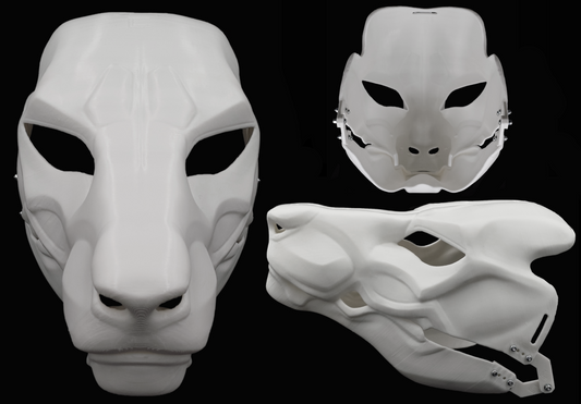 Photo collage showing a white, plastic 3D printed eastern dragon fursuit head base complete with metal hardware featuring a front, side, and back view against a black background.