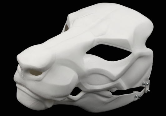 Photo showing a white, plastic 3D printed eastern dragon fursuit head base complete with metal hardware at a 3/4 angle against a black background.