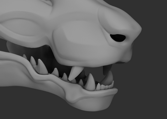 Gray 3D model of an Eastern dragon's head with open mouth showing teeth on a dark background.