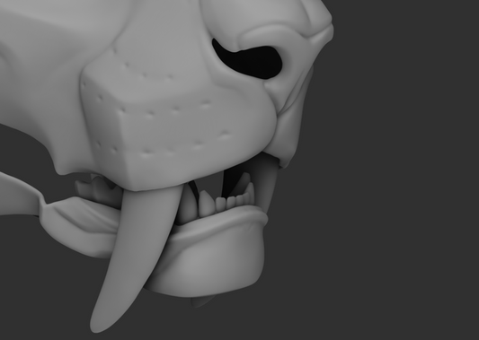 Gray 3D model of a smilodon's head with open mouth showing teeth/jawset on a dark background.