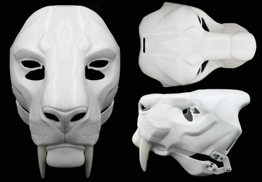 Photo collage showing a white, plastic 3D printed smilodon fursuit head base complete with metal hardware featuring a front, side, and top view against a black background.