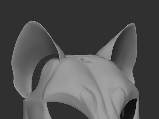 3D rendered image of a pair of wolf TPU ears for fursuit or mask, showing the shape and fit on fursuit base.