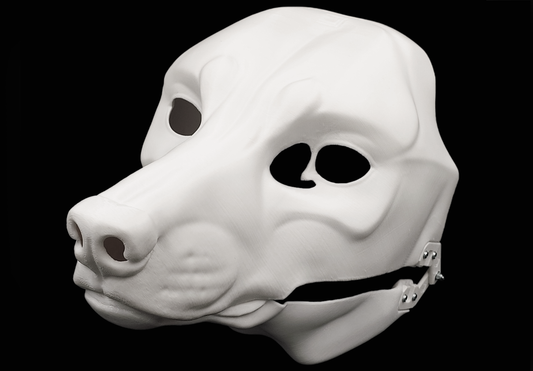Photo showing a white, plastic 3D printed wolf fursuit head base complete with metal hardware at a 3/4 angle against a black background.