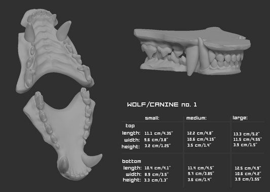 Two light gray 3D renderings of a wolf/canine fursuit jawset showcasing the jaws open and closed against a dark grey background; a size chart and measurements are shown to the right.