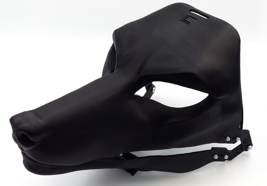 Photo showing a black, plastic 3D printed Anubis/Anubian jackal fursuit head base complete with metal hardware at a 3/4 angle against a white background.
