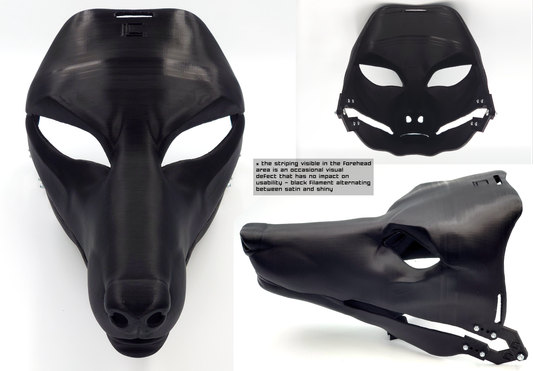 Photo collage showing a black, plastic 3D printed Anubis/Anubian jackal fursuit head base complete with metal hardware featuring a front, side, and back view against a white background.