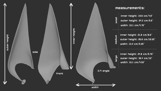 Size chart for Anubis ear accessory for a mask or fursuit featuring light grey 3D renderings with measurements labeled for small, medium, and large sizes on a dark grey background.