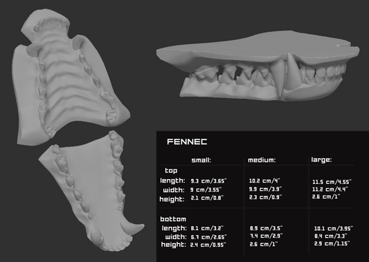 Two light grey 3D renderings of a fennec fox fursuit jawset showcasing the jaws open and closed against a dark grey background; a size chart and measurements are shown to the right.