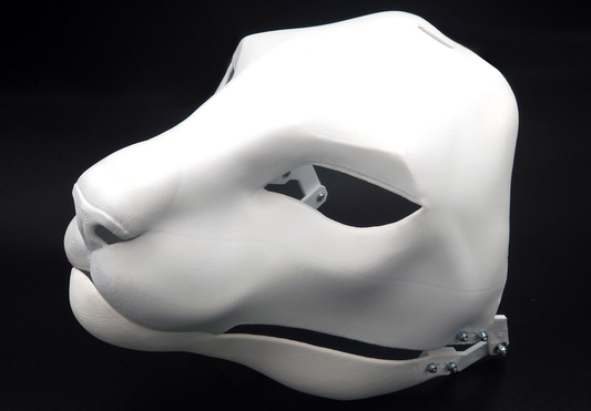 Photo showing a white, plastic 3D printed oriental cat fursuit head base complete with metal hardware at a 3/4 angle against a black background.