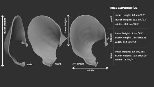 Size chart for opossum ear accessory for a mask with measurements labeled for small, medium, and large sizes on a dark background
