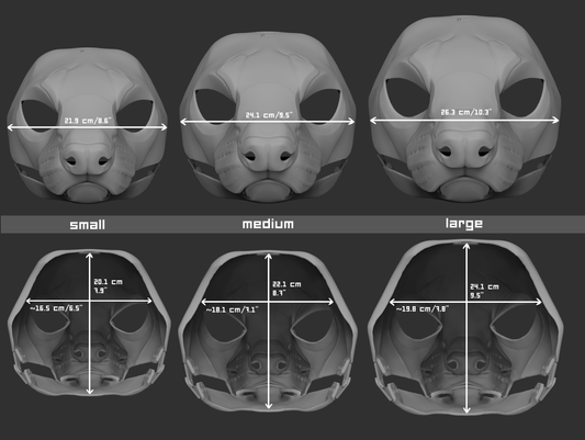 Size chart for a ferret/weasel mask or fursuit base with measurements labeled for small, medium, and large sizes on a dark background.