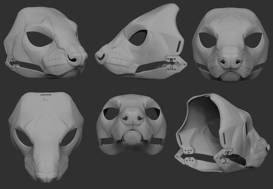 Gray 3D models of a ferret mask or fursuit base shown from different angles on a dark background.
