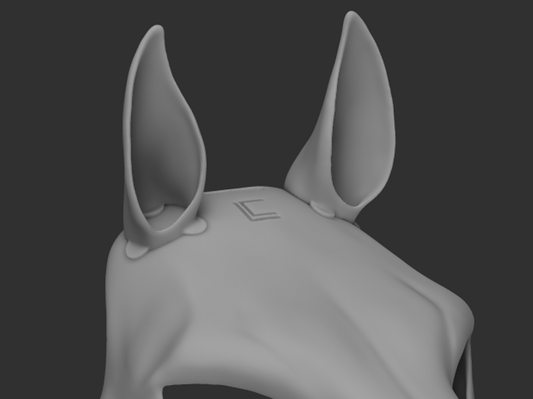 Gray 3D model of an horse head with ears on a dark background