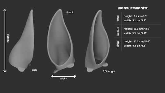 Size chart for horse ear accessory for a mask with measurements labeled for small, medium, and large sizes on a dark background