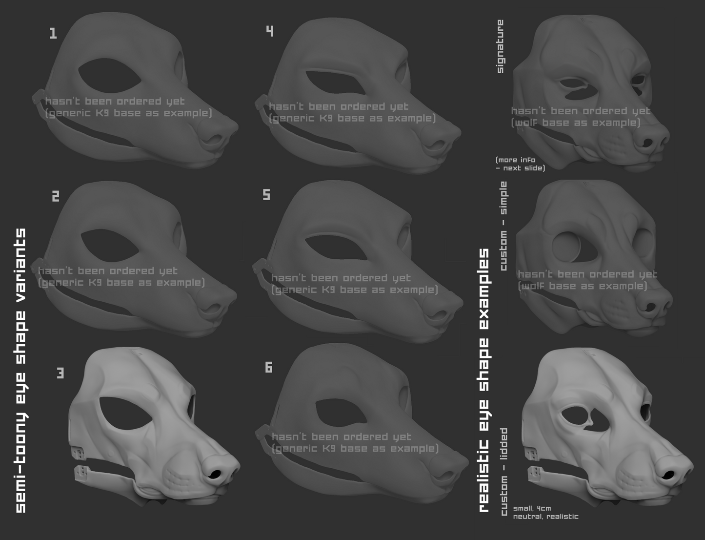 Various eye shape variants for a poodle dog mask on a dark background