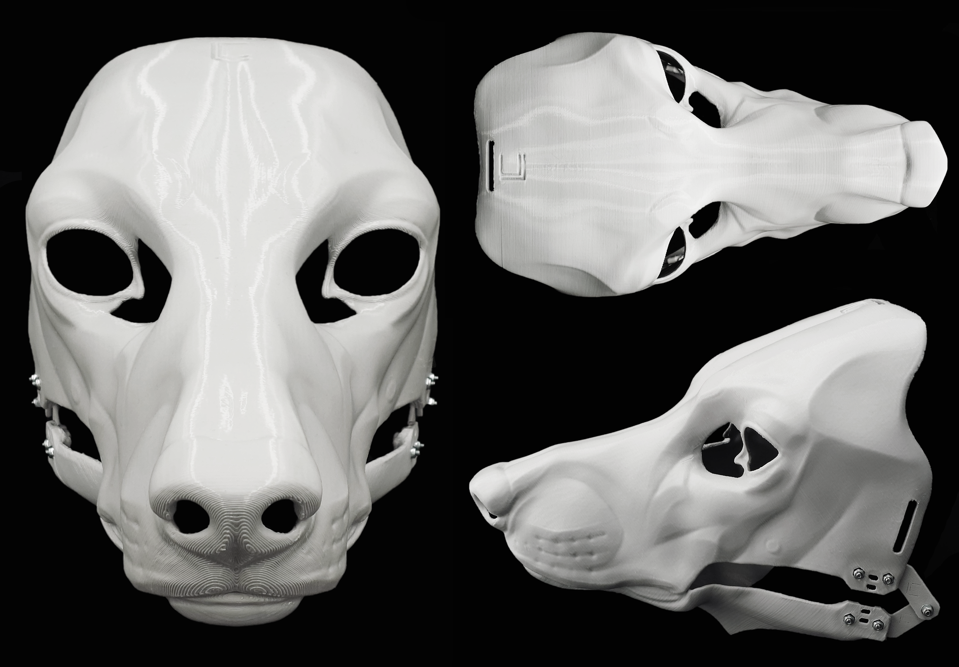 Photo collage showing a white, plastic 3D printed poodle dog fursuit head base complete with metal hardware featuring a front, side, and back view against a black background.