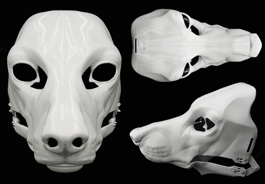 Photo collage showing a white, plastic 3D printed poodle dog fursuit head base complete with metal hardware featuring a front, side, and back view against a black background.