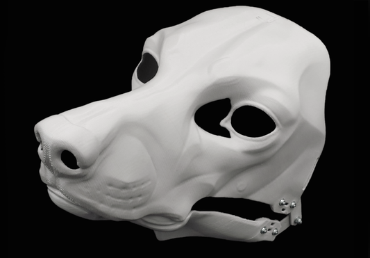 Photo showing a white, plastic 3D printed poodle dog fursuit head base complete with metal hardware at a 3/4 angle against a black background.