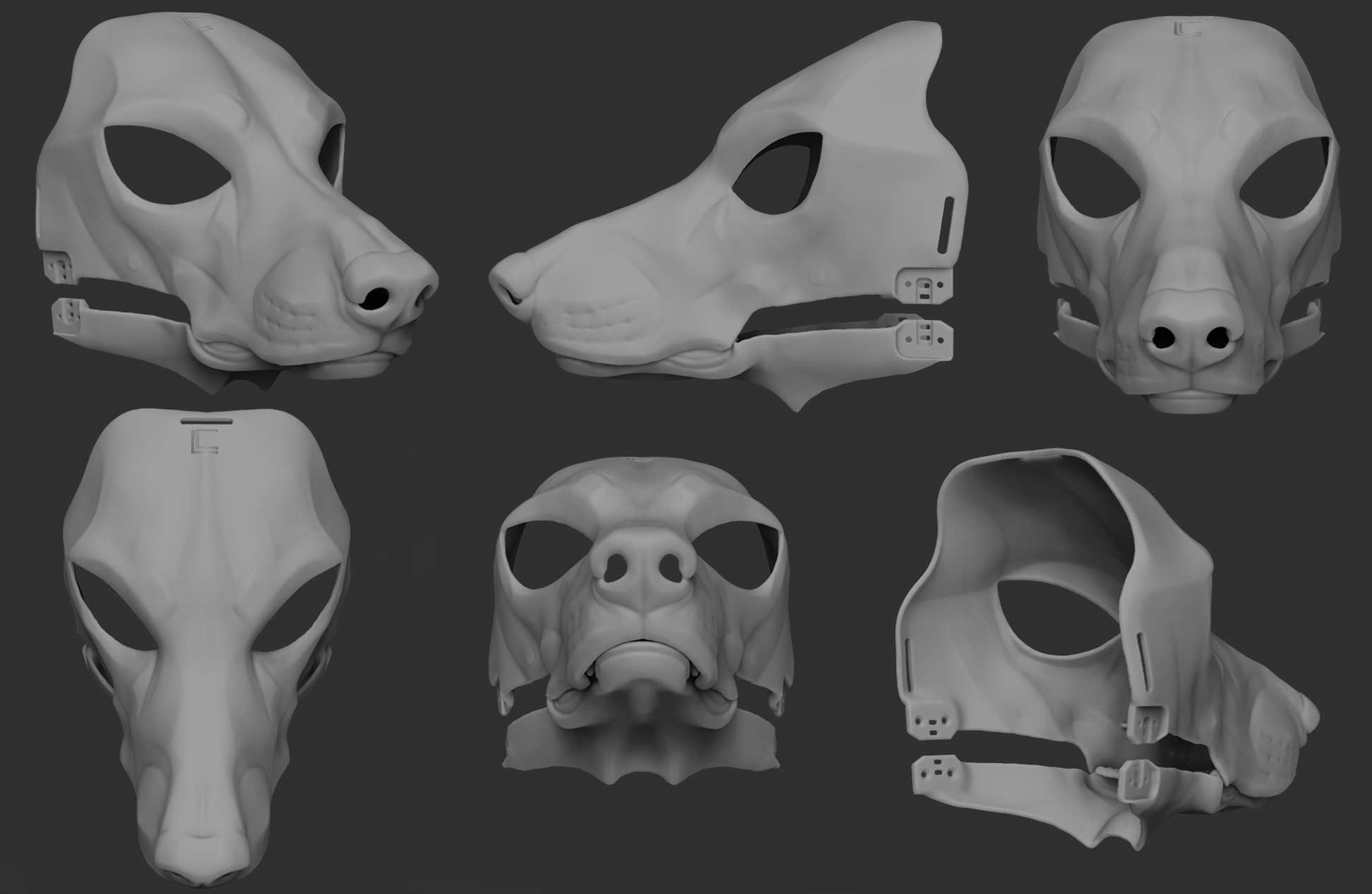 Gray 3D models of a poodle dog mask from different angles on a dark background.