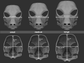Size chart for a poodle dog mask with measurements labeled for small, medium, and large sizes on a dark background.