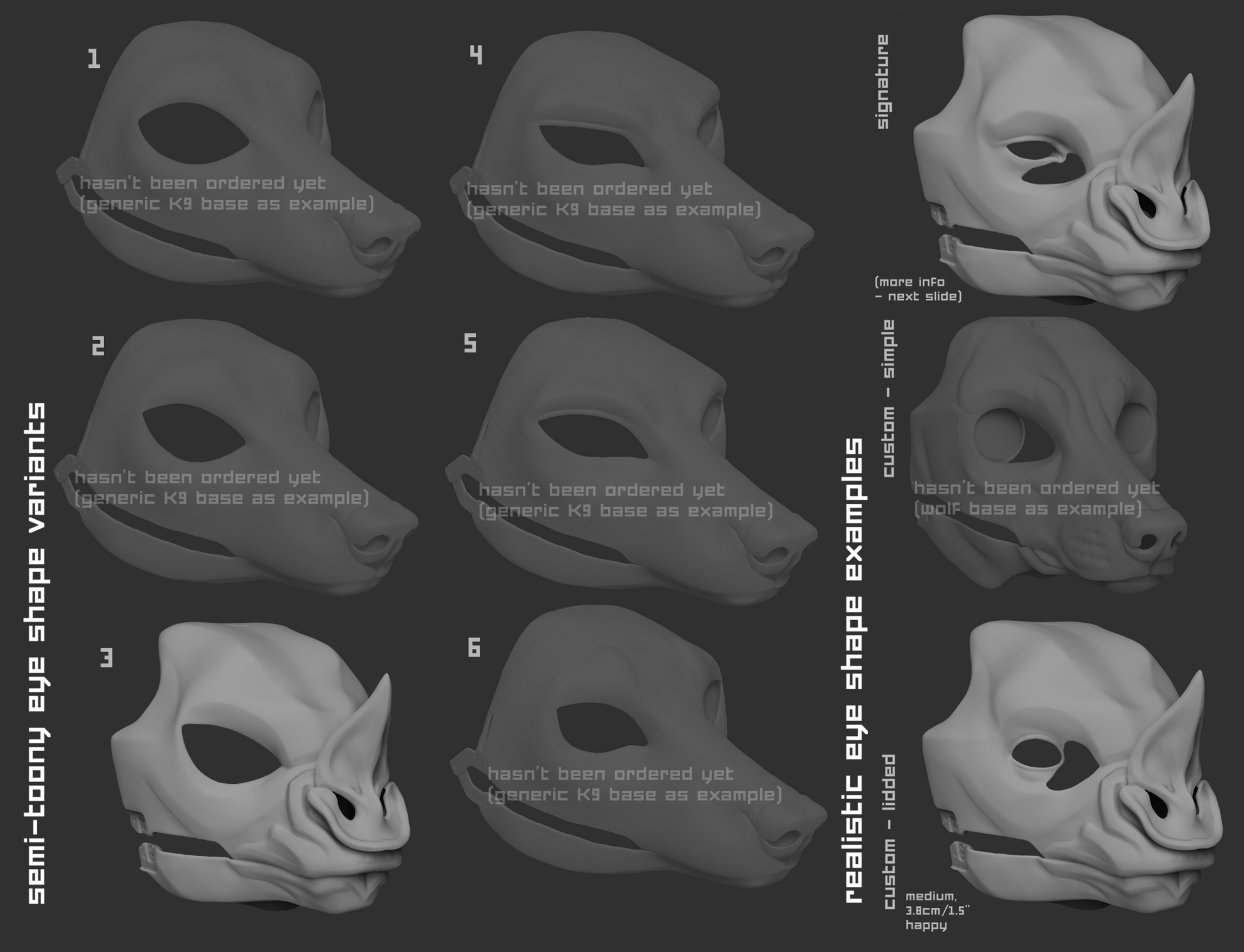 Various eye shape variants for a spear-nosed bat mask on a dark background